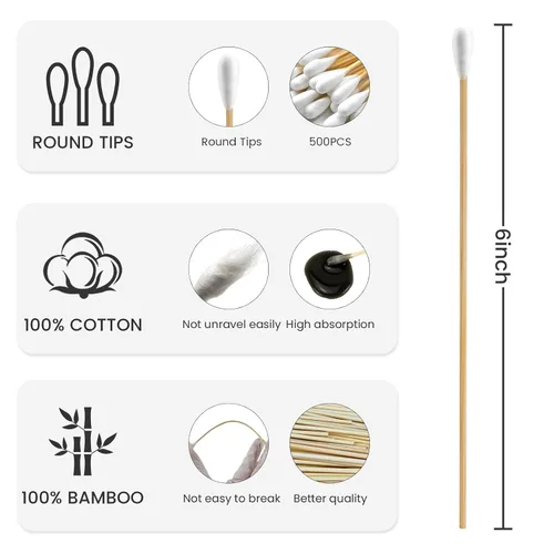 Miniatura 2 de 500 hisopos de algodón de 6 pulgadas con estuche de almacenamiento, hisopos de algodón resistentes sin pelusa con mango de bambú, hisopos de algodón