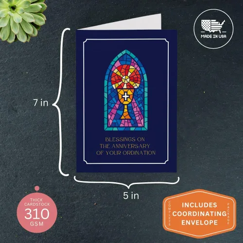 Miniatura 2 de Tarjeta de felicitación de aniversario de ordenación con sobre, diseño cristiano de vitrales con mensaje de bendición, tarjeta religiosa premium