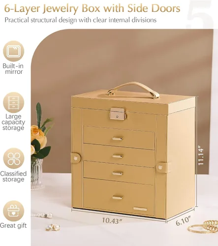 Miniatura 65 de Homde Regalos de Navidad de cuero sintético, enorme joyero, organizador de reloj con espejo, collar, anillo y aretes, estuche de regalo con Dorado
