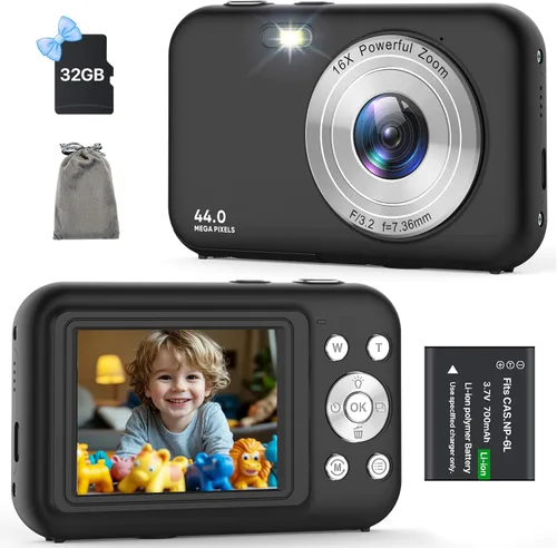 Cámara digital, cámara para niños con tarjeta de 32 GB, FHD 1080P 44MP cámara de vlogging, cámara digital de zoom de 16X y disparo, cámaras Negro