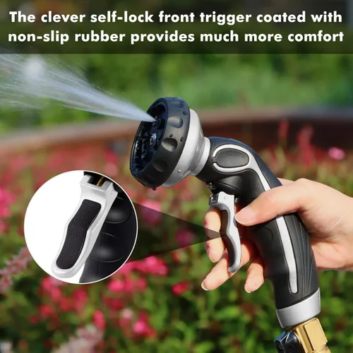 Miniatura 4 de RESTMO Boquilla de manguera con gatillo de autobloqueo fácil, rociador de manguera de agua de metal resistente con 9 patrones de pulverización