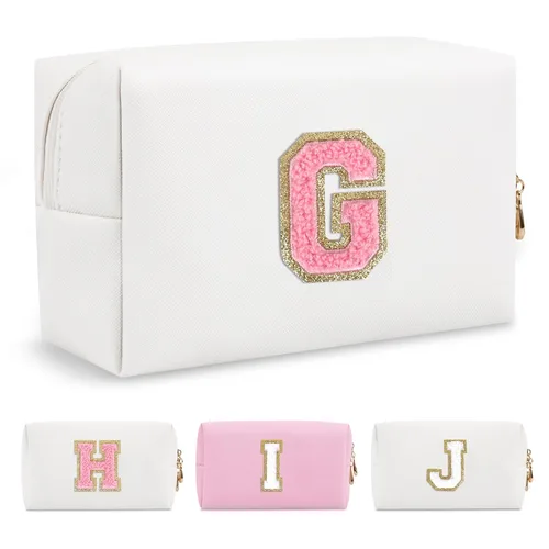 Miniatura 135 de Pequeña bolsa de maquillaje personalizada con inicial A-Z Preppy Patch, bolsa de cosméticos de viaje de felpilla blanca con cremallera, bonita bolsa