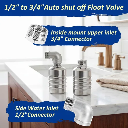 Miniatura 4 de 2PCS Water Float Valve, 1/2" to 3/4'' Water Level Control Float Valve, 304 Stainless Steel Automatic Water Shut off Valve, with Straight & Elbow