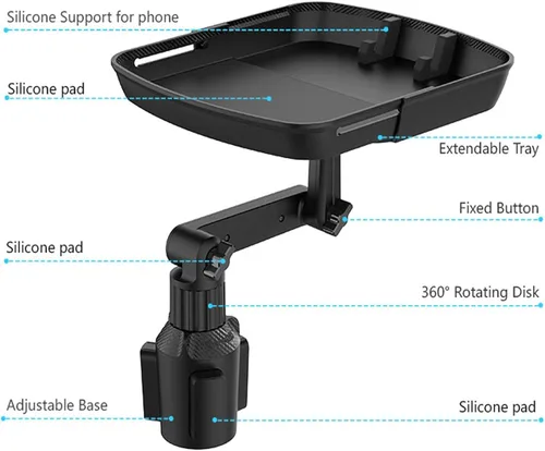 Miniatura 5 de Bandeja de portavasos más grande para automóvil, bandeja de alimentos para automóvil de 10 pulgadas con soporte para teléfono, soporte desmontable 3