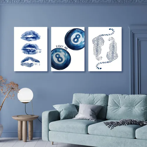 Miniatura 2 de GELDSTEI Arte de Pared de Guepardo Azul Preppy, Imágenes Estéticas Retro de Bola 8 Azul Marino, Obra de Arte en Lienzo Envuelto de Labios de Beso