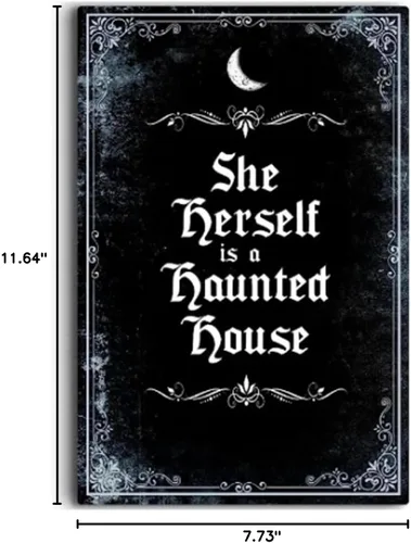 Miniatura 3 de IRISIVITA - Letrero de metal espeluznante con texto en inglés «She Herself Is A Haunted House», decoración gótica para dormitorio, decoración