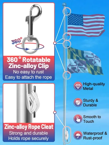 Miniatura 4 de Kit de cuerda y clips de bandera, 50 pies con gancho para tacos y 4 clips giratorios a presión para asta de bandera de hasta 25 pies, accesorios