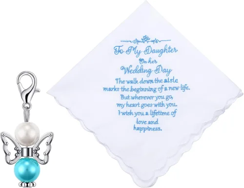 Tegeme Pañuelo de novia pañuelo de boda para hija, regalo de boda, recuerdo Hankie y ángel azul novia pañuelo