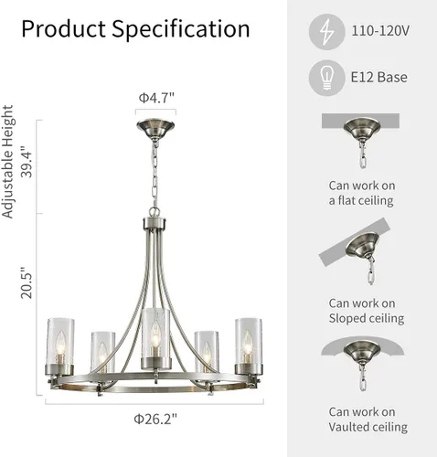 WUZUPS - Candelabro de 5 luces con rueda de vagón estilo rústico de granja, lámpara colgante industrial redonda con pantallas de vidrio transparente