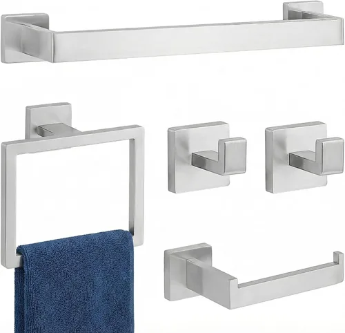 Miniatura 16 de Juego de 5 piezas de herrajes de baño negro mate, juego de toalleros para baño de acero inoxidable SUS304, portarrollos de papel higiénico montado