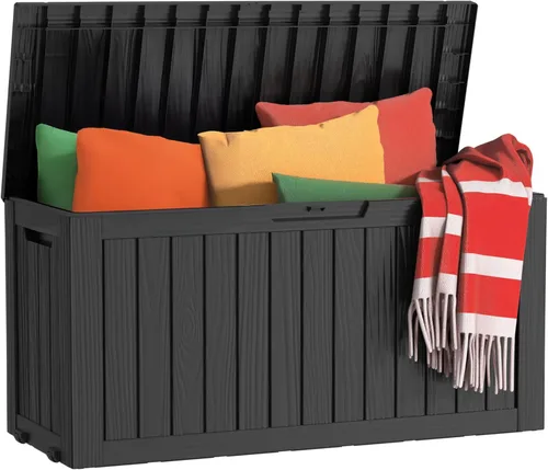 Miniatura 34 de Caja de almacenamiento impermeable para exteriores de 180 galones, caja de resina resistente a los rayos UV con varilla hidráulica para mayor 2-Gris