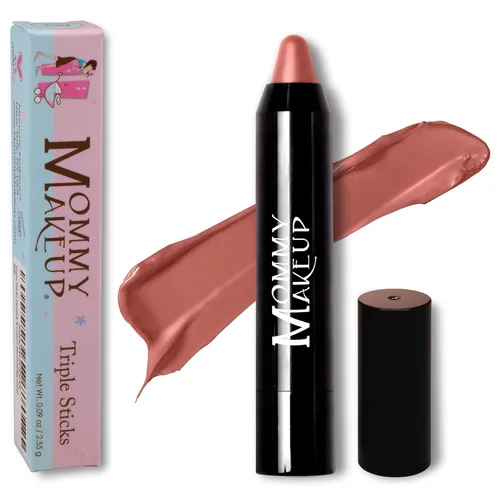 Mommy Makeup Triple Sticks - Lápiz labial, rubor en crema y tratamiento todo en uno con manteca de karité y cacao, lápiz labial hidratante suave y