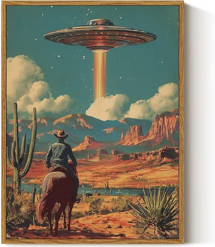 ARPEOTCY Arte de Pared de Lienzo Enmarcado Vintage, 12x16 Pulgadas Vaquero Retro a Caballo con Nave Espacial OVNI, Arte de Pared Surrealista de