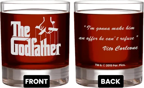 Vaso de whisky oficial de Godfather Etched Rocks, con logotipo y cita "I'm gonna make him an offer he can't refuse", cristalería artesanal de alta