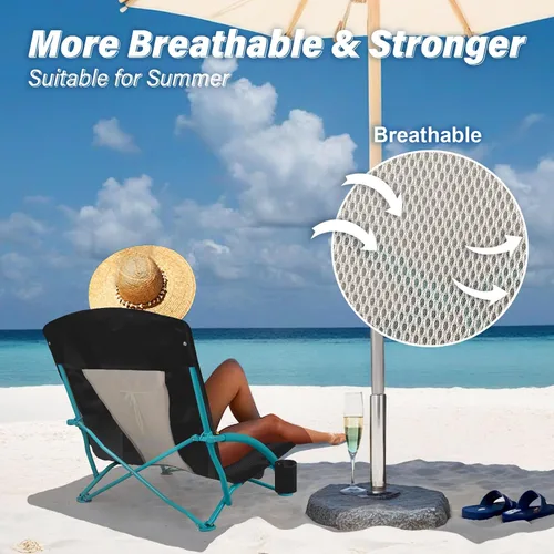 Miniatura 3 de Paquete de 2 sillas de playa bajas, sillas de asiento bajas plegables compactas para adultos con respaldo de malla, portavasos y bolsa