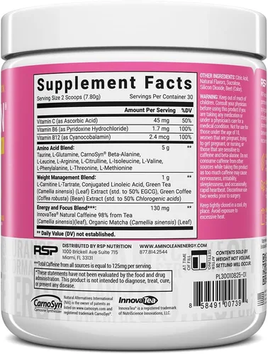 Miniatura 7 de RSP NUTRITION AminoLean Polvo Pre Entrenamiento, Energía de Aminoácidos y Control de Peso con Aminoácidos BCAA Veganos, Cafeína Natural, Impulso Pre