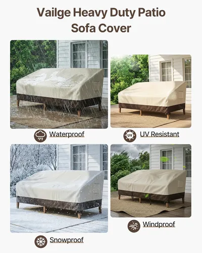 Miniatura 6 de Vailge Funda para Sofá de Patio de Servicio Pesado, 100% Impermeable Funda para Sofá de Exterior de 3 Plazas, Fundas para Muebles de Jardín y Patio
