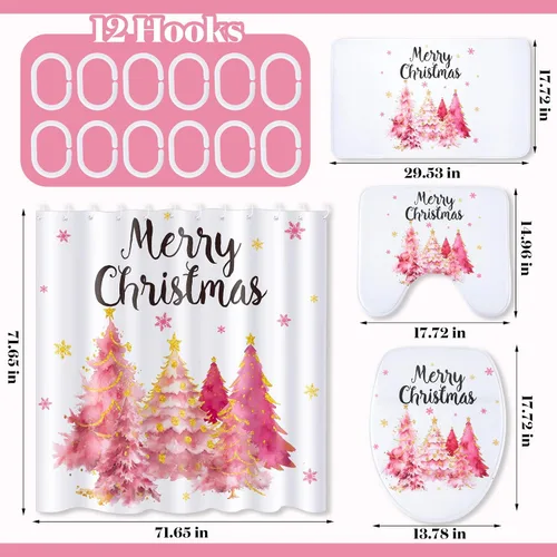 Miniatura 2 de Newwiee Juego de 7 Piezas de Cortina de Ducha Feliz Navidad, Juego de Cortina de Ducha de Árbol de Navidad Temática Bohemia, Decoración Navideña