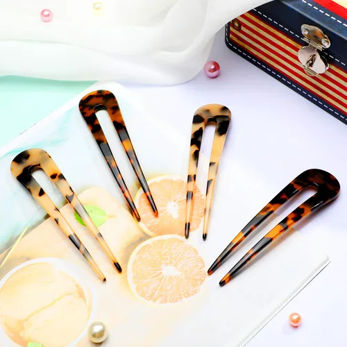 Miniatura 4 de 4 piezas de horquilla francesa en forma de U con dos puntas en forma de U, pinzas para el cabello, pasadores de chignon pin tortuga shell U palillos