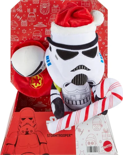 Miniatura 6 de Mattel Muñeco y adorno de Star Wars Stormtrooper, juguete suave de 10 pulgadas con gorra de Santa, bastón de caramelo y saco que almacena