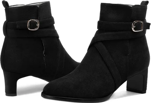 Miniatura 6 de WAYDERNS Botas altas de tobillo de gamuza para mujer, con correa de tobillo, puntera redonda, bloque sólido, tacón bajo, 2 pulgadas