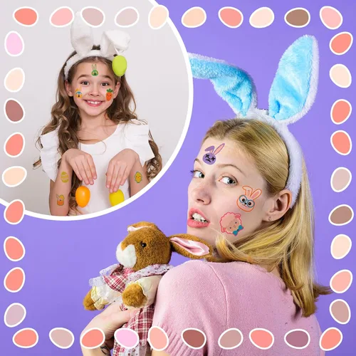 Miniatura 5 de Nosiny 240 piezas de tatuajes temporales con purpurina de Pascua, huevos de conejito feliz, pollo, zanahoria, accesorios de ropa, calcomanías