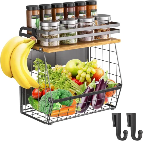 Estante magnético para refrigerador con tapa de madera, organizador de cesta de alambre de gran capacidad para especias, frutas, cebollas y papas,