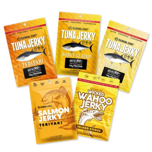 Miniatura 19 de Kaimana Jerky Ahi - Paquete de muestra de atún y salmón - Cecina de pescado totalmente natural y capturada en la naturaleza. Fabricado en Estados