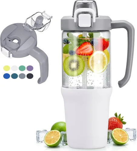 Miniatura 12 de Vaso de vidrio con asa de transporte, botella de agua de vidrio transparente con tapa a prueba de fugas, tapa de boquilla y popote, sin BPA, 32