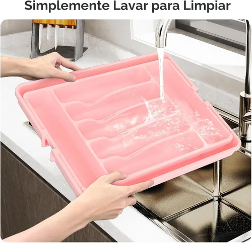 Miniatura 5 de ukeetap Organizador de cubiertos expandible extragrande, sin BPA, apto para alimentos, organizador de cajones de utensilios de cocina, soporte Rosa