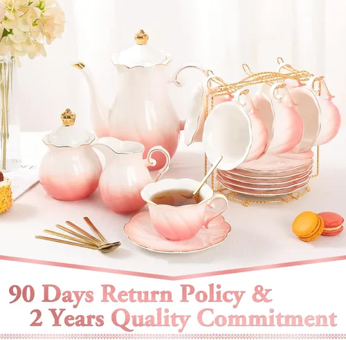 Miniatura 6 de DUJUST Juego de té de porcelana de 22 piezas para 6, lujoso juego de tazas de té/café estilo británico con ribete dorado, hermoso juego de té