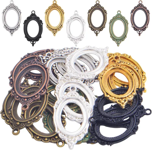 21 bandejas colgantes de bisel en blanco, base ovalada de aleación, cabujón hueco vintage para manualidades, suministros de joyería, 7 colores