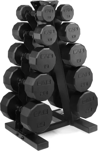 Miniatura 25 de CAP Juego de mancuernas hexagonales con revestimiento de goma con estante de almacenamiento, opciones de 100 a 210 libras, almacenamiento compacto
