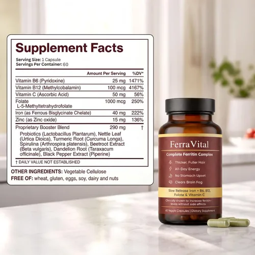 Miniatura 3 de Ferravital Ferritin Support, suplemento de feritina para mujeres, suplemento diario de hierro con bisglicinato de hierro lactoferrina vitamina C