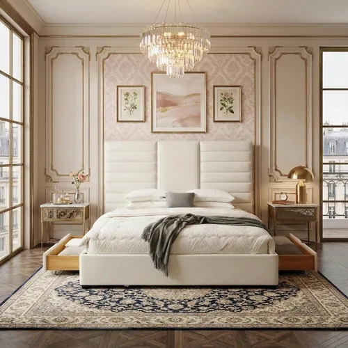 Miniatura 11 de Base de cama Queen de 63.6 pulgadas de alto, base de cama tapizada con 2 cajones de almacenamiento, listones de madera resistentes, sin ruido,