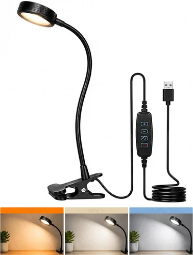 Miniatura 11 de Lámpara de escritorio USB con clip con 3 modos de color, brillo ajustable, cuello de cisne, temporizador de 1 minuto, luz de libro para leer libro