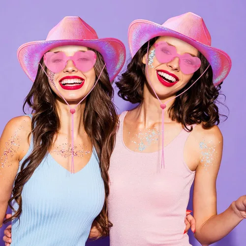 Miniatura 4 de Coume 23 sombreros de vaquero iluminados, brillantes holográficos, sombreros de vaquera con lentes de sol de corazón para mujer, disfraz de fiesta