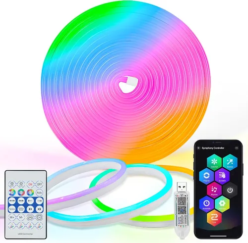 DBFAIRY Luz de Cuerda de Neón Inteligente, 16.4 Pies Luces de Cuerda de Neón RGB que Cambian de Color IC con Aplicación Remota Sincronización de