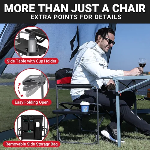 Miniatura 7 de KingCamp Silla de director de camping resistente, plegable con mesa auxiliar y almacenamiento, color rojo Negro/Rojo
