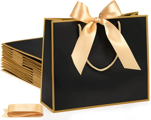 Silkfly 24 bolsas de regalo con asas para dama de honor, 12 x 10 x 4 pulgadas, elegantes bolsas de regalo de bienvenida de boda con lazo para Negro