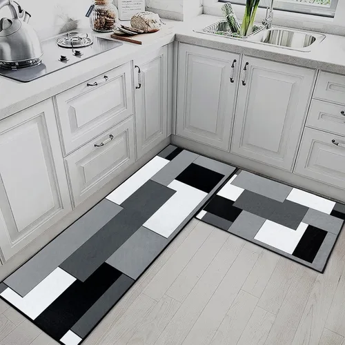 Miniatura 3 de Juego de 2 alfombras y tapetes geométricos de cocina antideslizantes y lavables, a cuadros negros y grises para piso, alfombra rústica minimalista