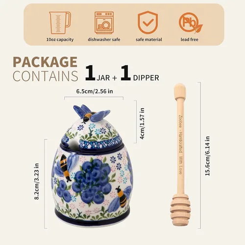 Miniatura 3 de ZOOBEE Tarro de miel de cerámica de 10 onzas con tapa y tapa pintada a mano con diseño natural, pequeño recipiente portátil para miel para cocina