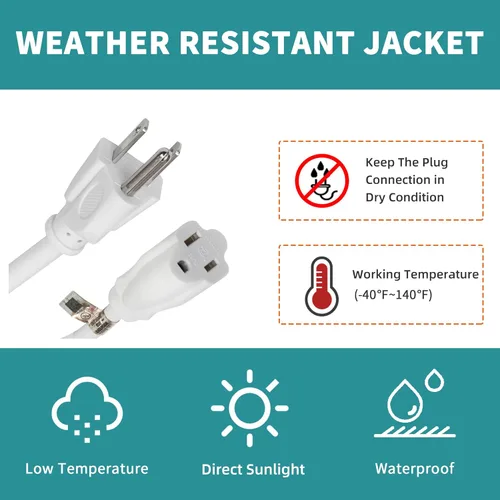 Miniatura 7 de Cable de extensión para interiores y exteriores, resistente a la intemperie, certificación UL, calibre 16, 30 pies, color blanco, 3 clavijas