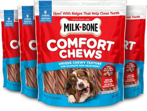 Miniatura 10 de Milk-Bone Mini Comfort Chews, golosinas para perros sin piel cruda con textura masticable única y carne de res real, 6 mini golosinas (paquete de 5)