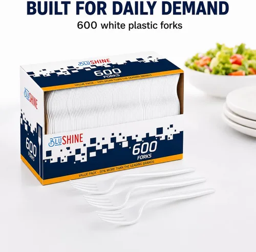 Miniatura 4 de BluShine Paquete de 600 tenedores de plástico blanco, tenedores desechables para catering, oficinas y restaurantes, cubiertos de plástico a granel