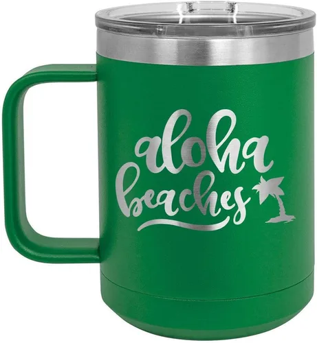 Taza de café ALOHA BEACHES 15.00 oz con tapa superior deslizante | Taza de café de viaje aislado | Ideas de regalo de cumpleaños o Navidad de
