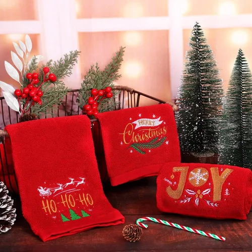 Miniatura 4 de MCEAST Paquete de 3 toallas de mano navideñas de gran tamaño de 25 x 14 pulgadas, toallas de cocina de Navidad 100% algodón, toallas decorativas Rojo