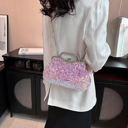 Miniatura 2 de Mini bolso de noche con lentejuelas con purpurina para mujer, bolso de mano de metal con asa superior, correa de cadena, bolso cruzado