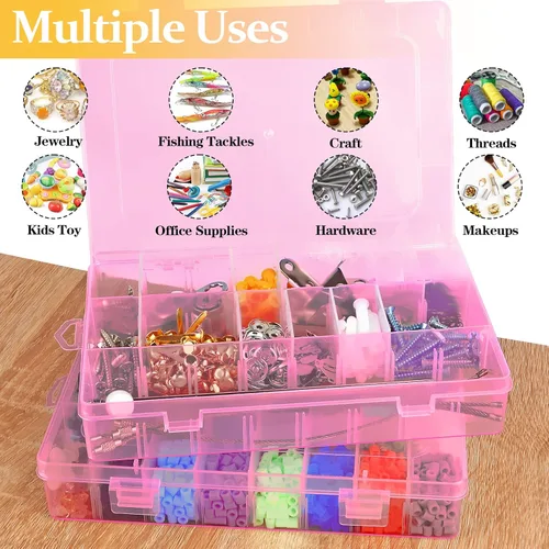 Miniatura 6 de Paquete de 2 cajas organizadoras de plástico rosa de 24 rejillas, contenedor de almacenamiento con divisor ajustable, organizadores de manualidades