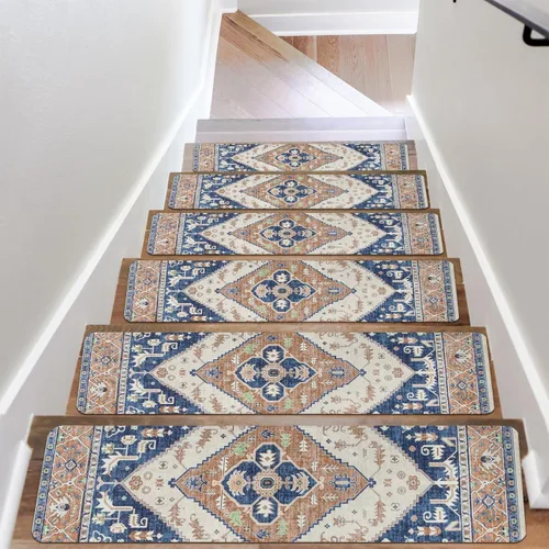 Miniatura 11 de OJIA Peldaños de escalera antideslizantes para escalones de madera en interiores, 15 piezas de 8"x30" alfombras con respaldo de goma para peldaños